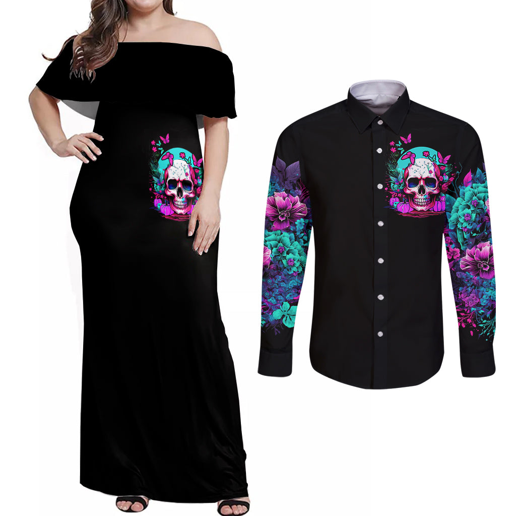 Skull Couples Matching Off Shoulder Maxi Dress and Long Sleeve Button Shirts Hello Darkness My Old Friend Pinky - Wonder Print Shop