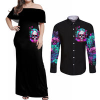 Skull Couples Matching Off Shoulder Maxi Dress and Long Sleeve Button Shirts Hello Darkness My Old Friend Pinky - Wonder Print Shop