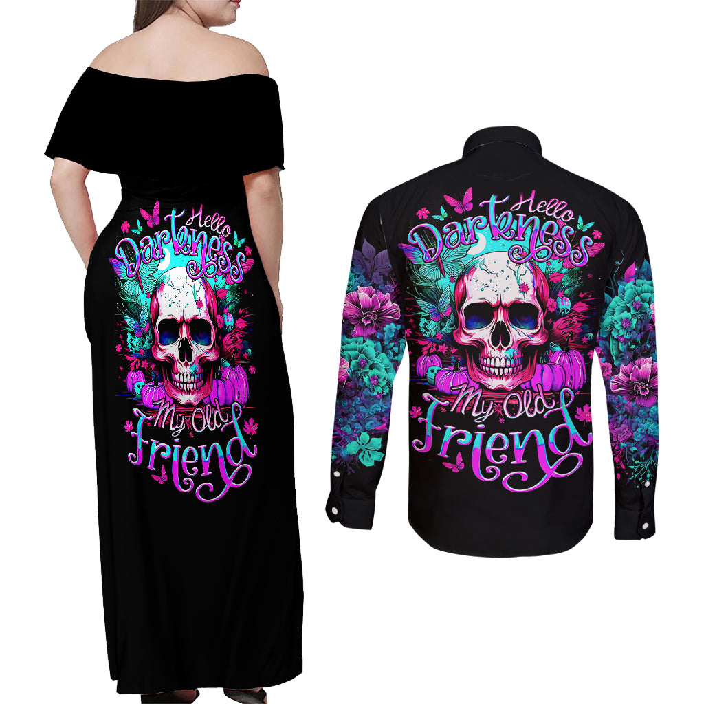 Skull Couples Matching Off Shoulder Maxi Dress and Long Sleeve Button Shirts Hello Darkness My Old Friend Pinky - Wonder Print Shop