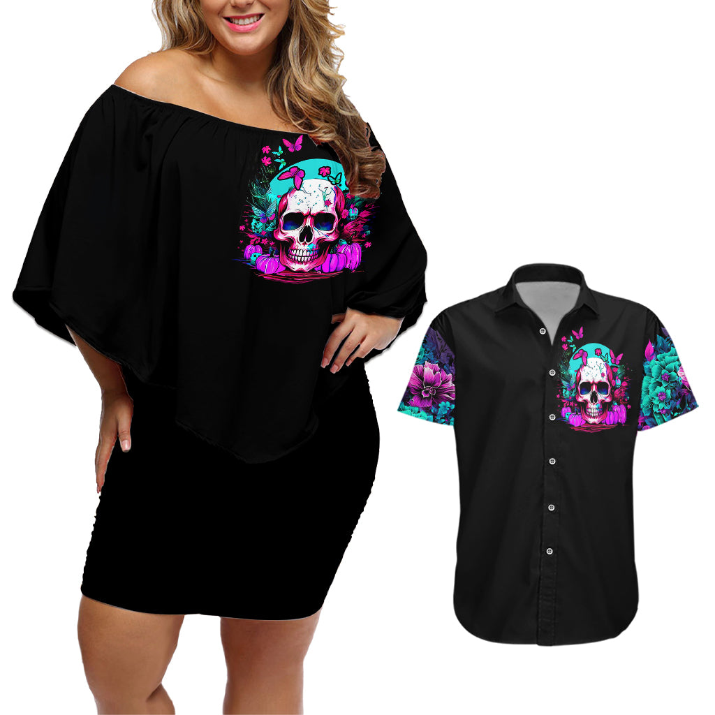 Skull Couples Matching Off Shoulder Short Dress and Hawaiian Shirt Hello Darkness My Old Friend Pinky - Wonder Print Shop