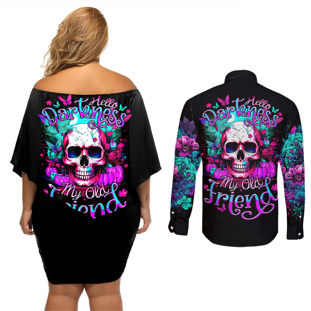 Skull Couples Matching Off Shoulder Short Dress and Long Sleeve Button Shirts Hello Darkness My Old Friend Pinky - Wonder Print Shop