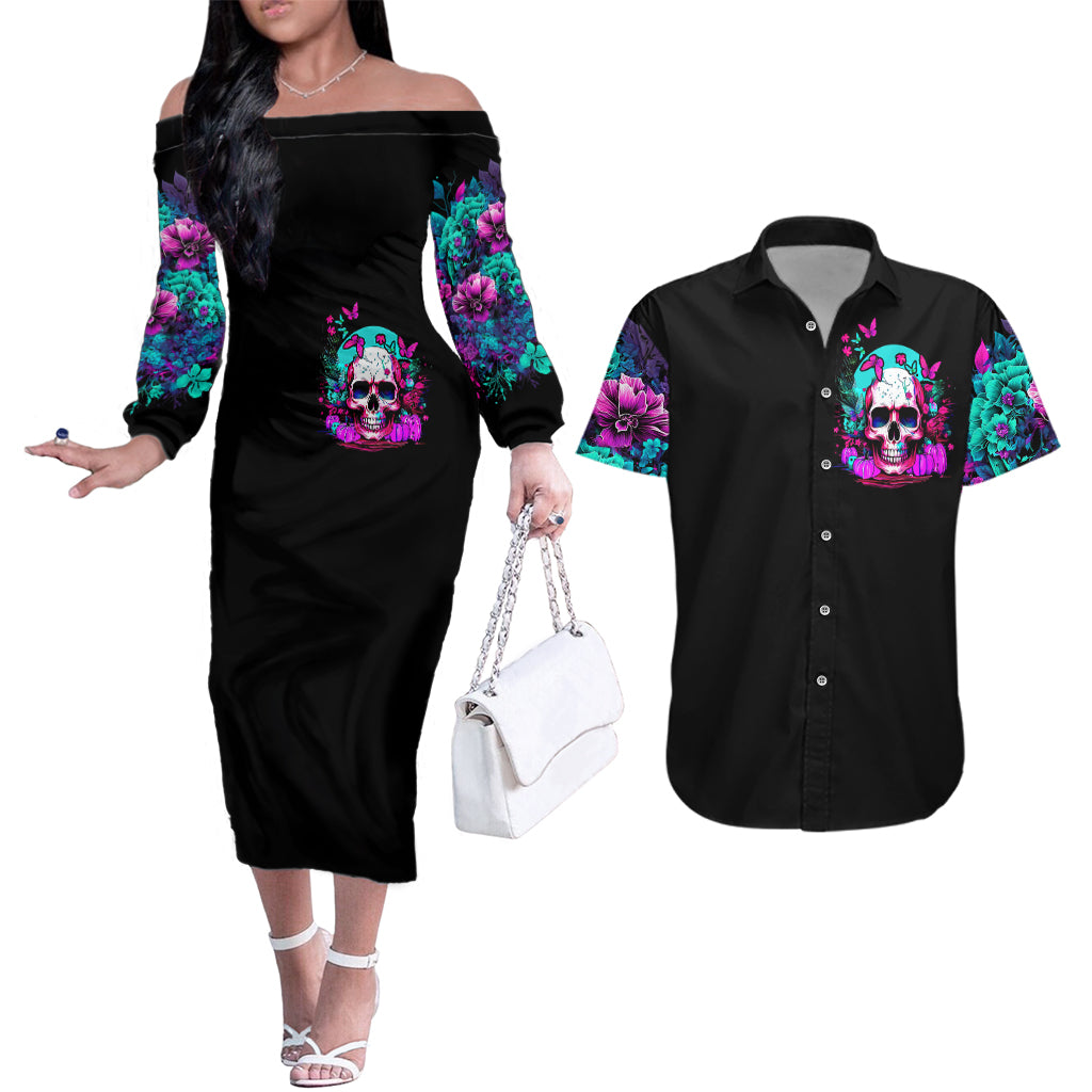 Skull Couples Matching Off The Shoulder Long Sleeve Dress and Hawaiian Shirt Hello Darkness My Old Friend Pinky - Wonder Print Shop