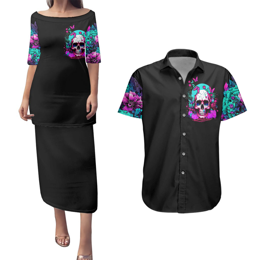 Skull Couples Matching Puletasi Dress and Hawaiian Shirt Hello Darkness My Old Friend Pinky - Wonder Print Shop