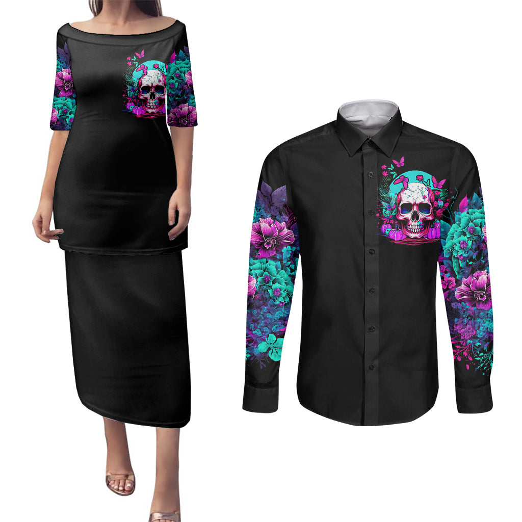 Skull Couples Matching Puletasi Dress and Long Sleeve Button Shirts Hello Darkness My Old Friend Pinky - Wonder Print Shop