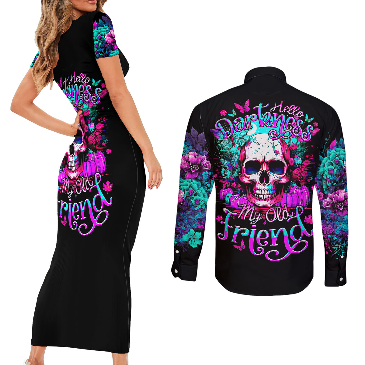 Skull Couples Matching Short Sleeve Bodycon Dress and Long Sleeve Button Shirts Hello Darkness My Old Friend Pinky - Wonder Print Shop