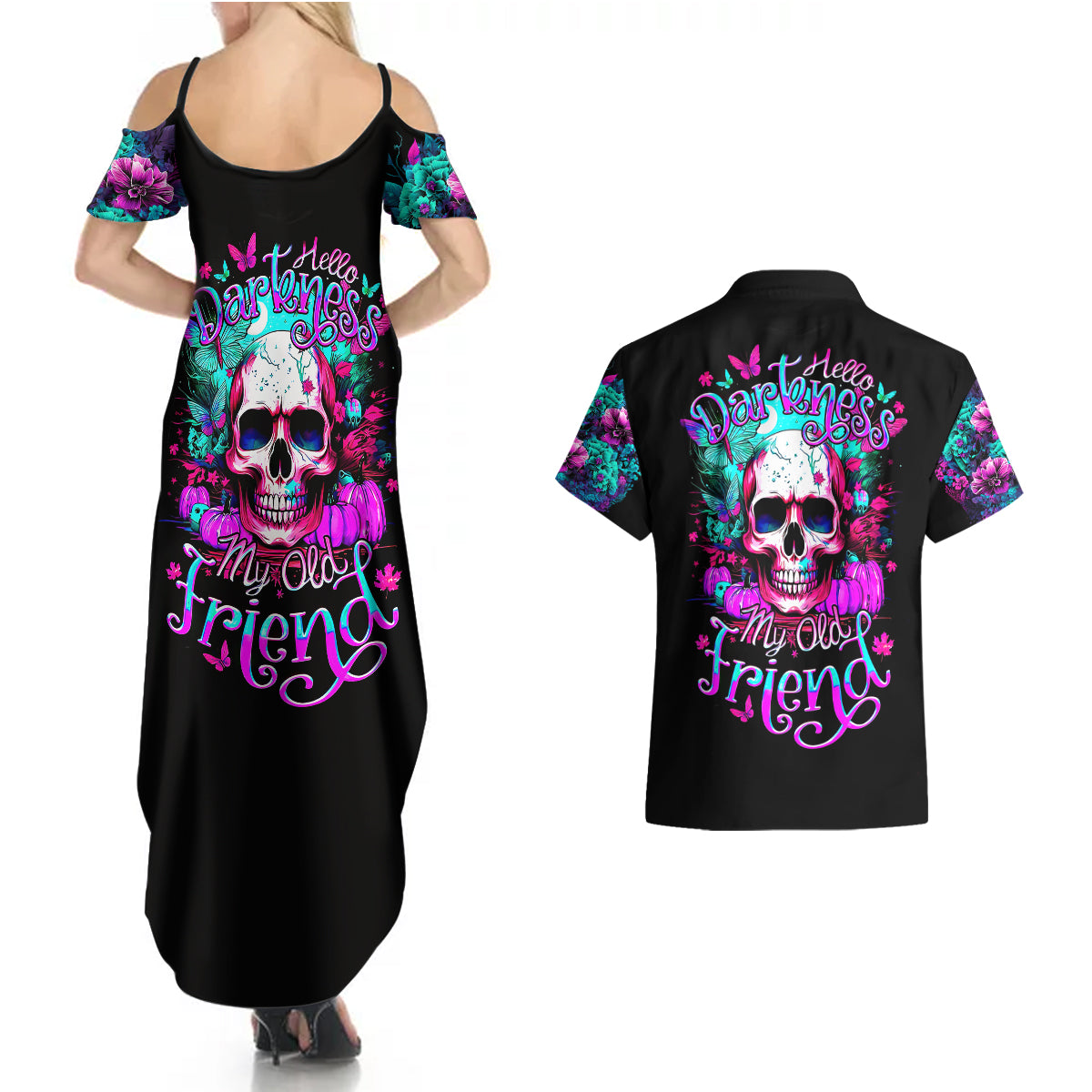 Skull Couples Matching Summer Maxi Dress and Hawaiian Shirt Hello Darkness My Old Friend Pinky - Wonder Print Shop