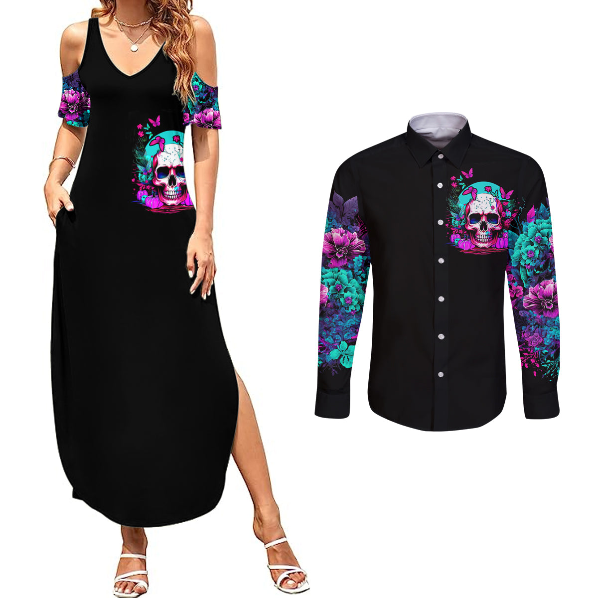 Skull Couples Matching Summer Maxi Dress and Long Sleeve Button Shirts Hello Darkness My Old Friend Pinky - Wonder Print Shop