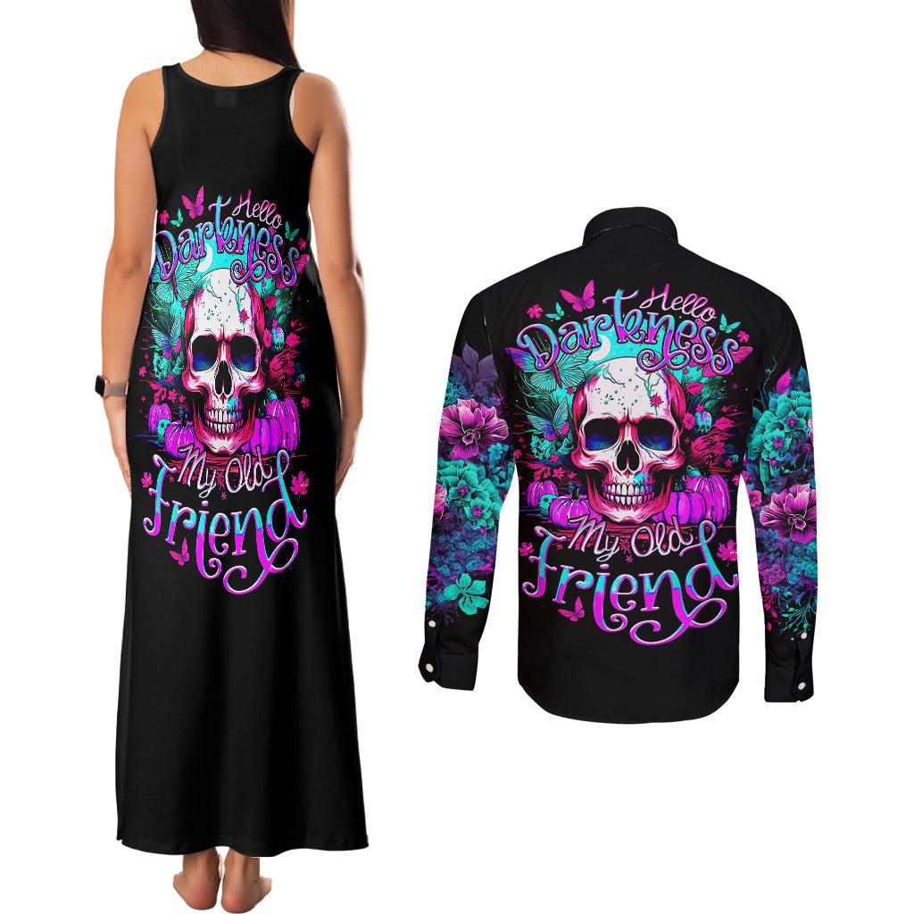 Skull Couples Matching Tank Maxi Dress and Long Sleeve Button Shirts Hello Darkness My Old Friend Pinky - Wonder Print Shop