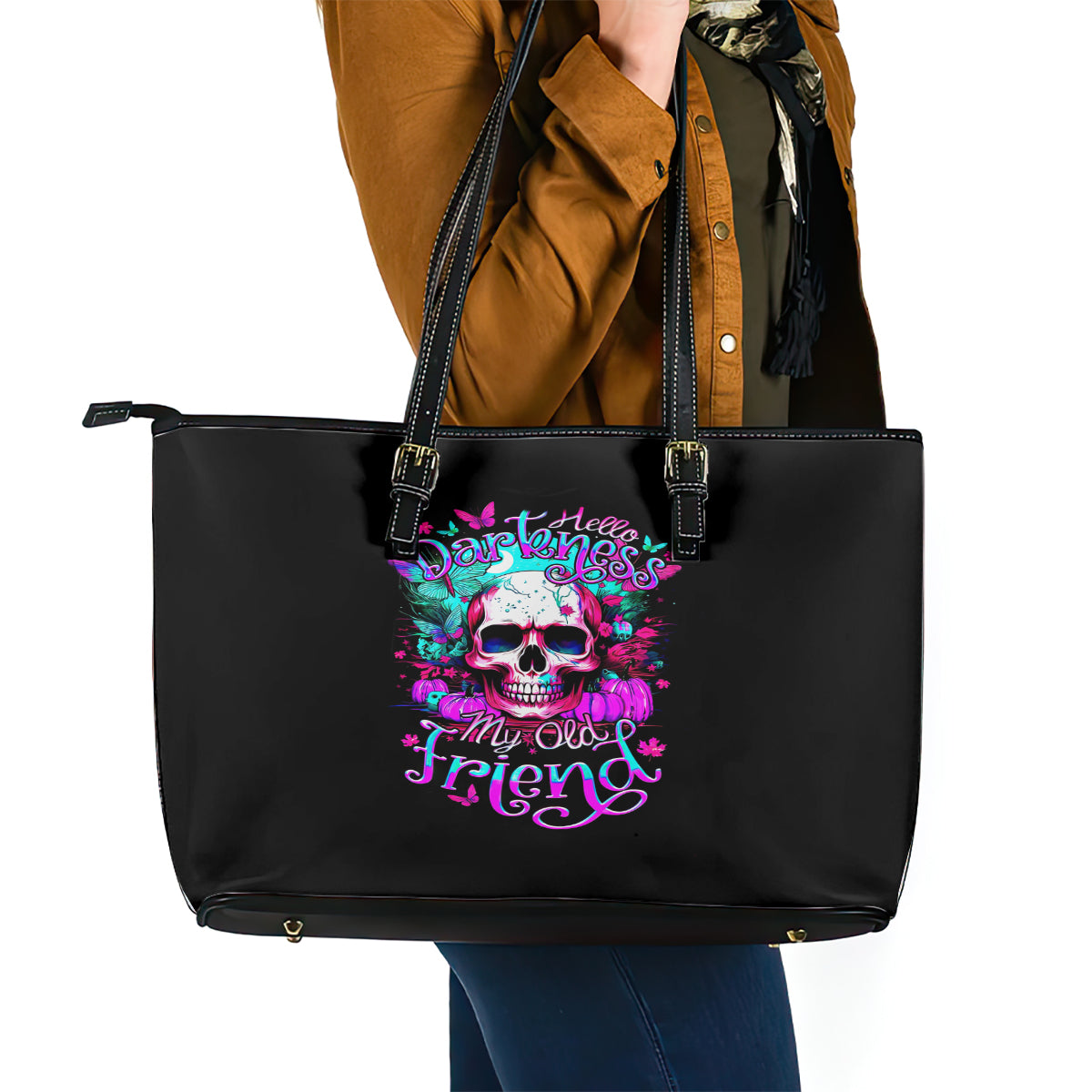 Skull Leather Tote Bag Hello Darkness My Old Friend Pinky - Wonder Print Shop