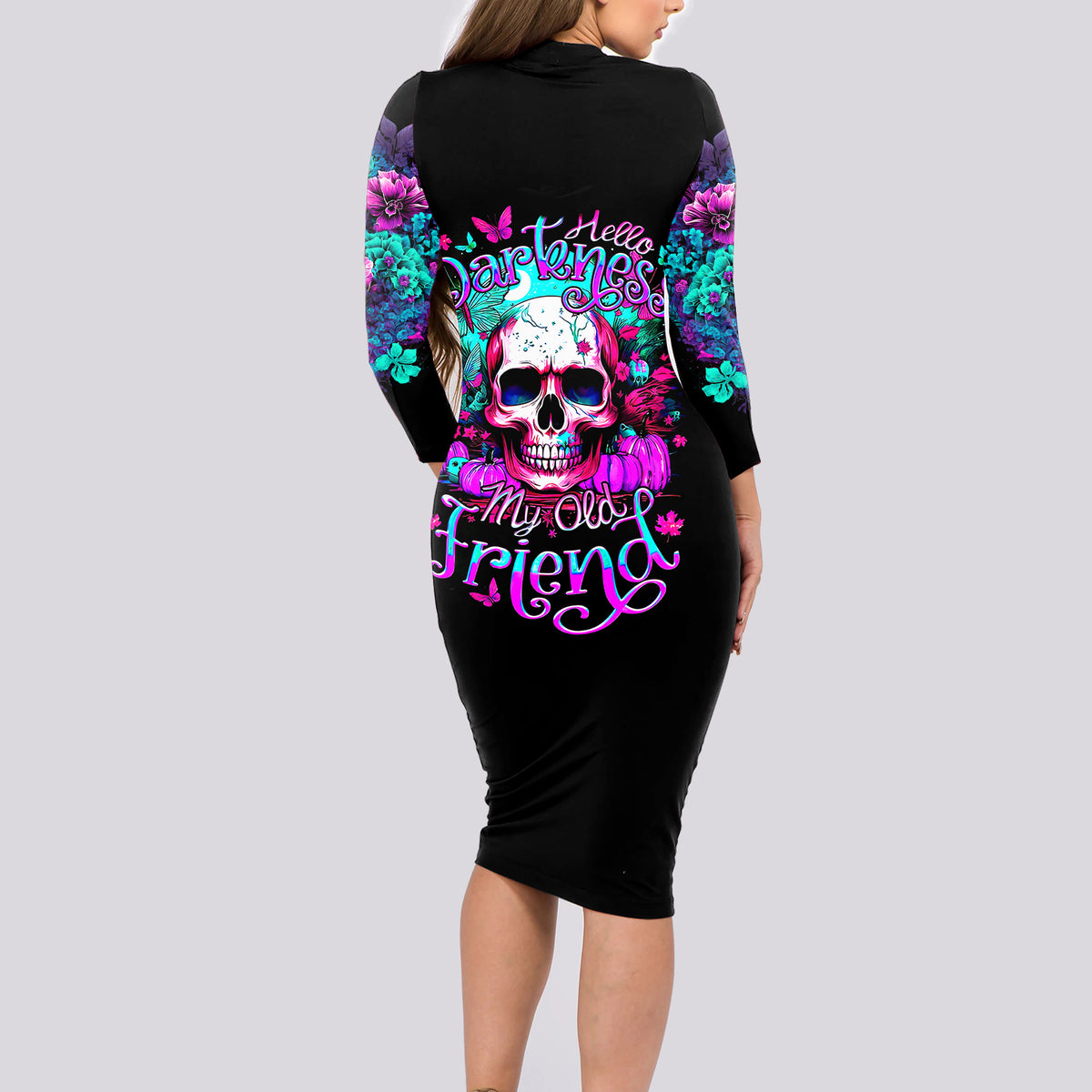 Skull Long Sleeve Bodycon Dress Hello Darkness My Old Friend Pinky - Wonder Print Shop
