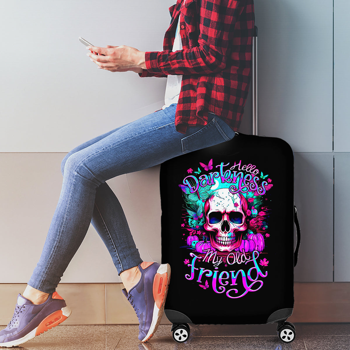 Skull Luggage Cover Hello Darkness My Old Friend Pinky - Wonder Print Shop