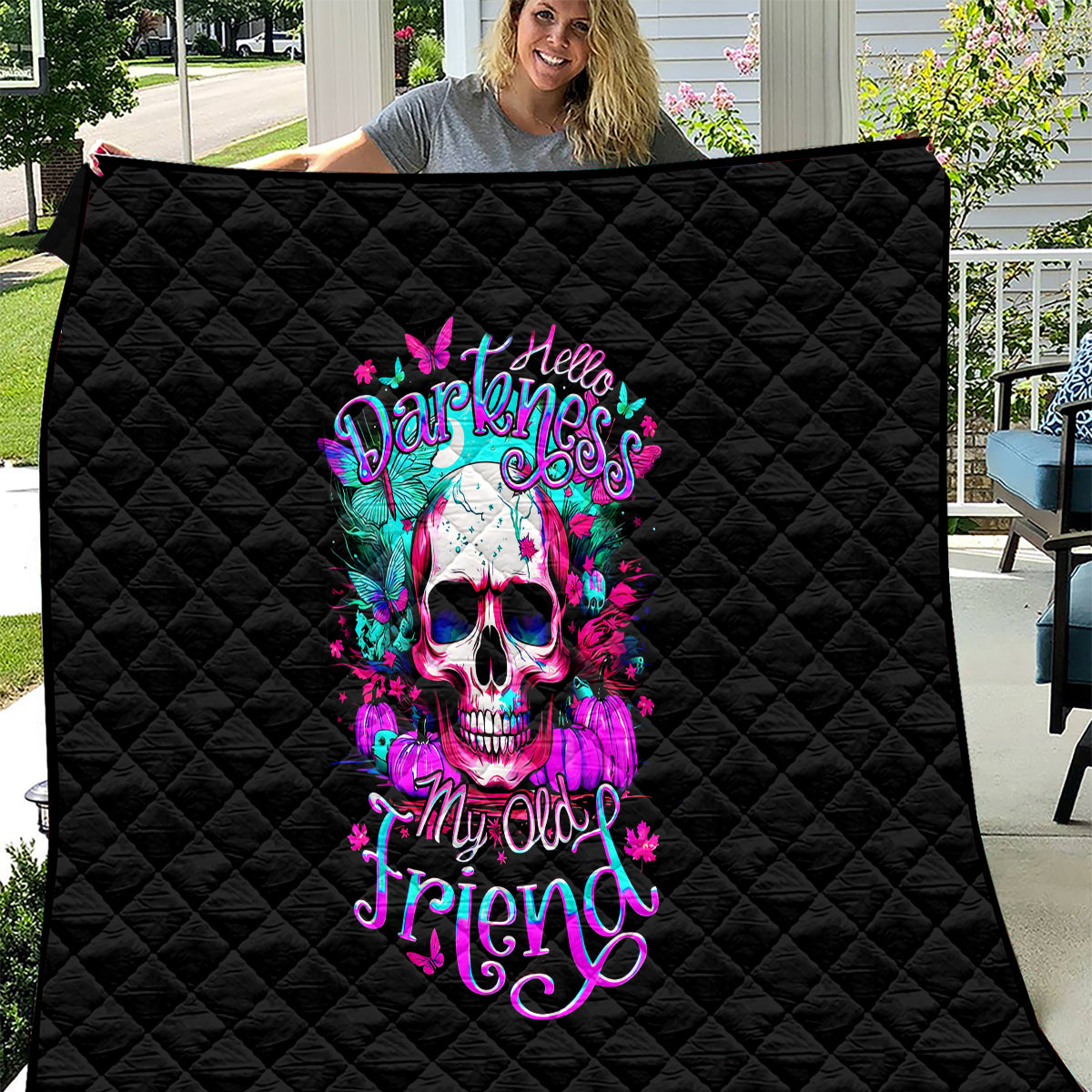 Skull Quilt Hello Darkness My Old Friend Pinky - Wonder Print Shop