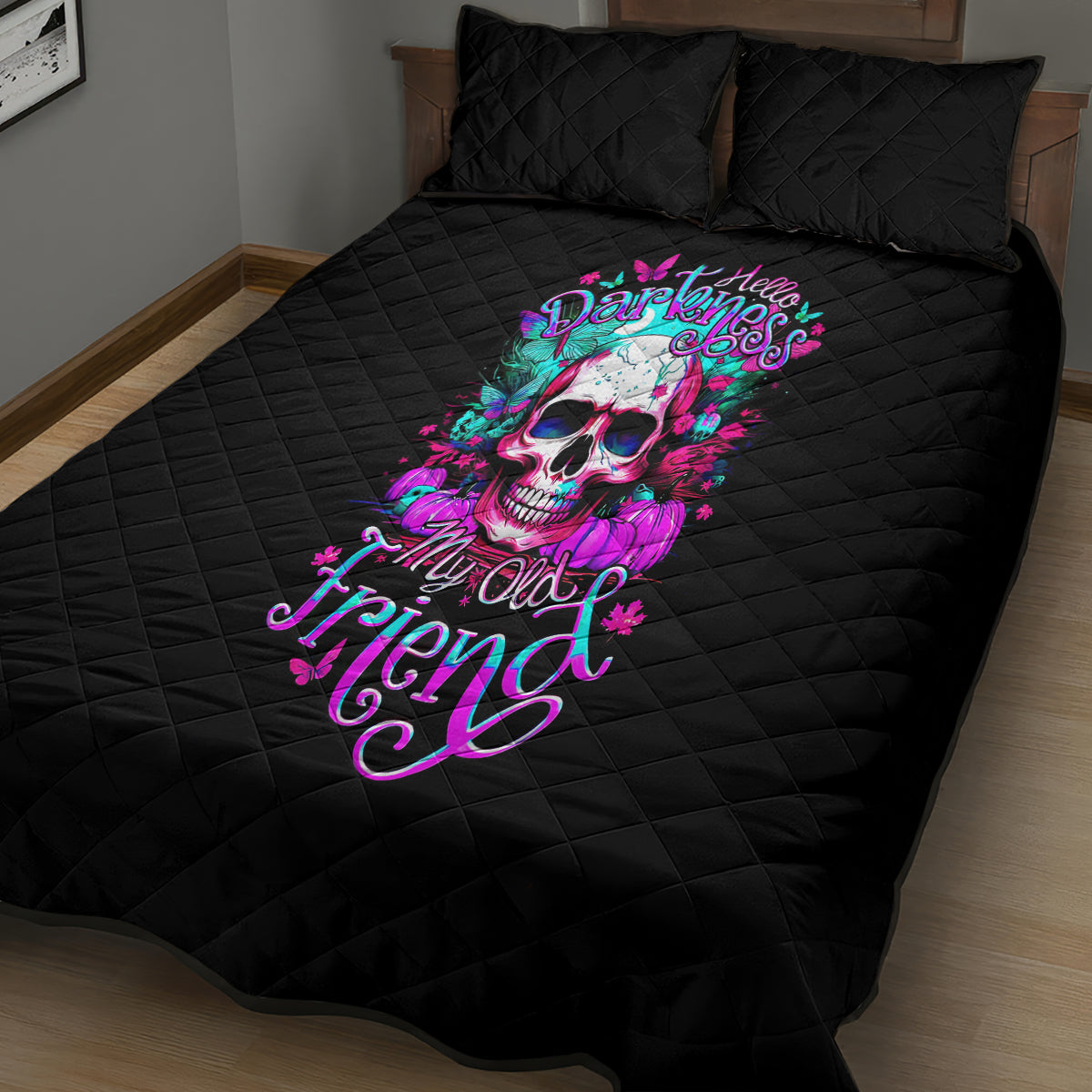 Skull Quilt Bed Set Hello Darkness My Old Friend Pinky - Wonder Print Shop