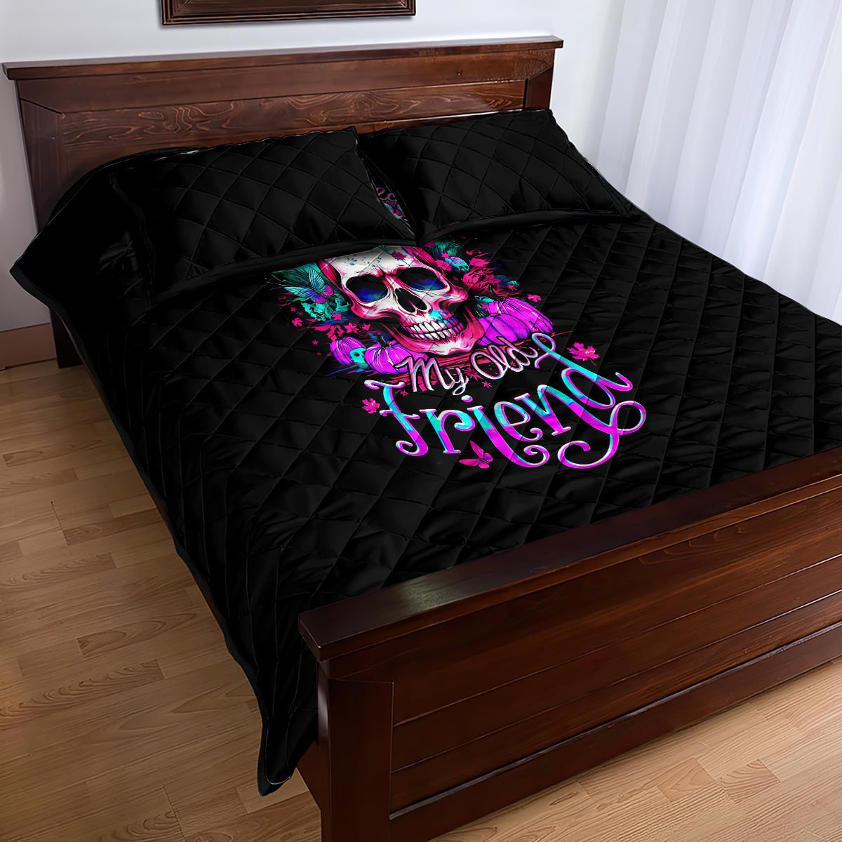 Skull Quilt Bed Set Hello Darkness My Old Friend Pinky - Wonder Print Shop