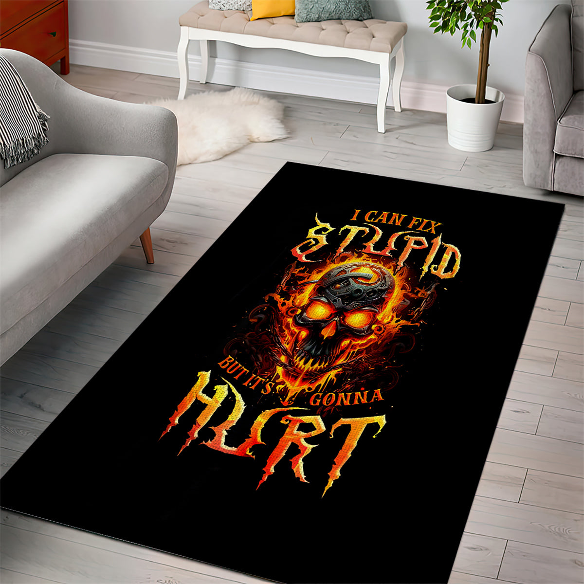 Flame Skull Area Rug I Can Fix Stupid But That Hurt - Wonder Print Shop
