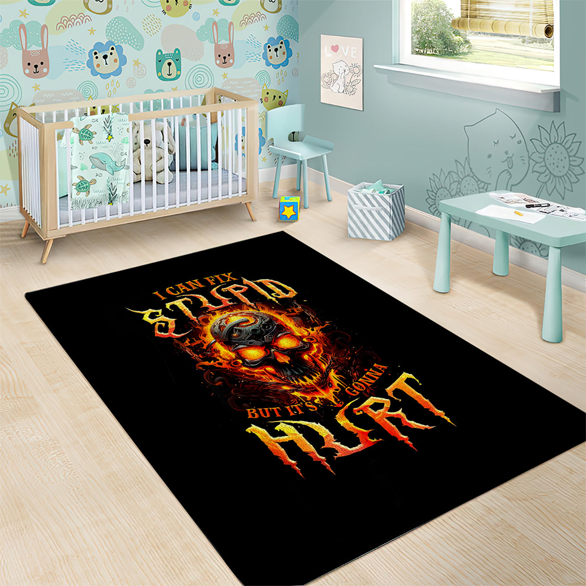 Flame Skull Area Rug I Can Fix Stupid But That Hurt - Wonder Print Shop