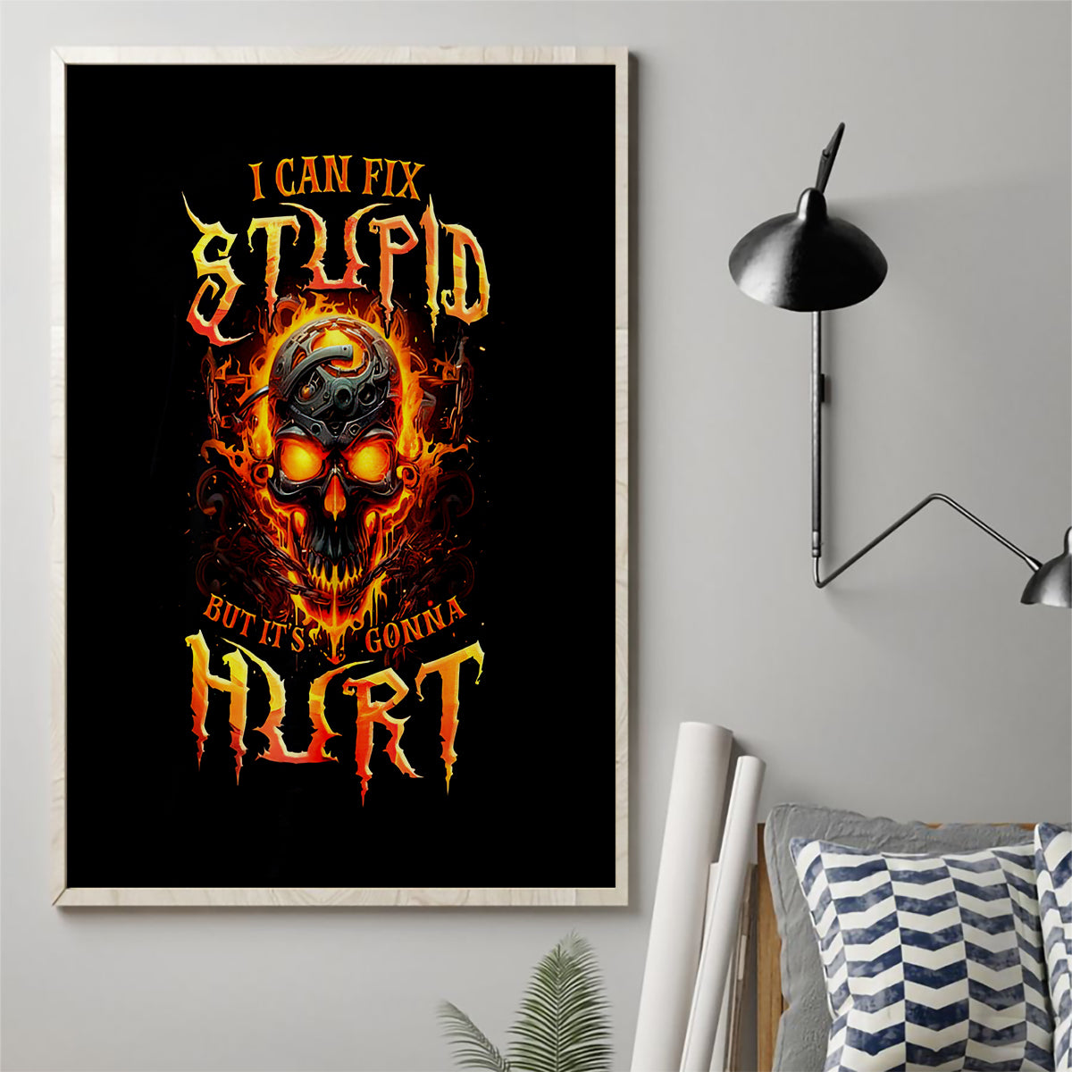 Flame Skull Canvas Wall Art I Can Fix Stupid But That Hurt - Wonder Print Shop
