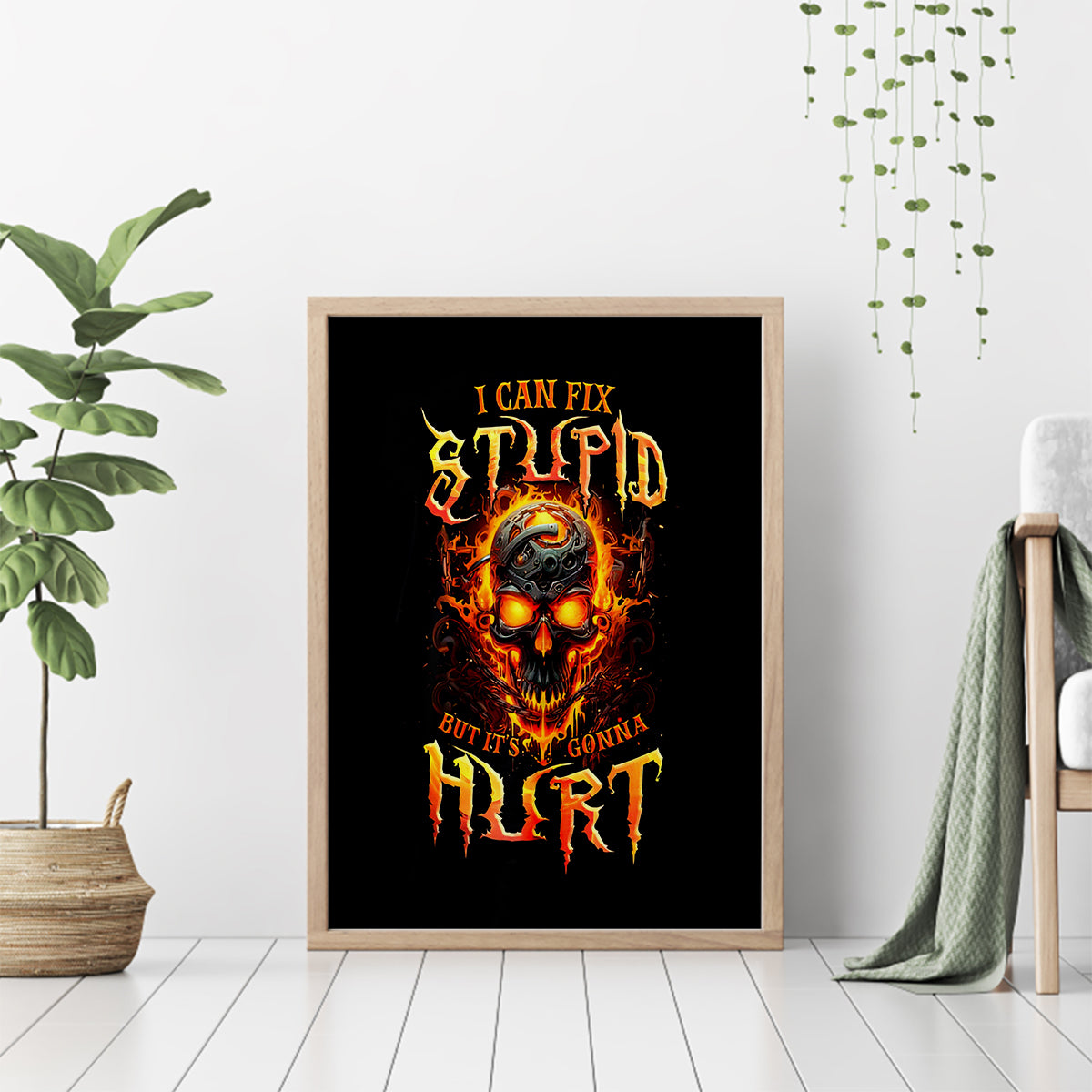 Flame Skull Canvas Wall Art I Can Fix Stupid But That Hurt - Wonder Print Shop