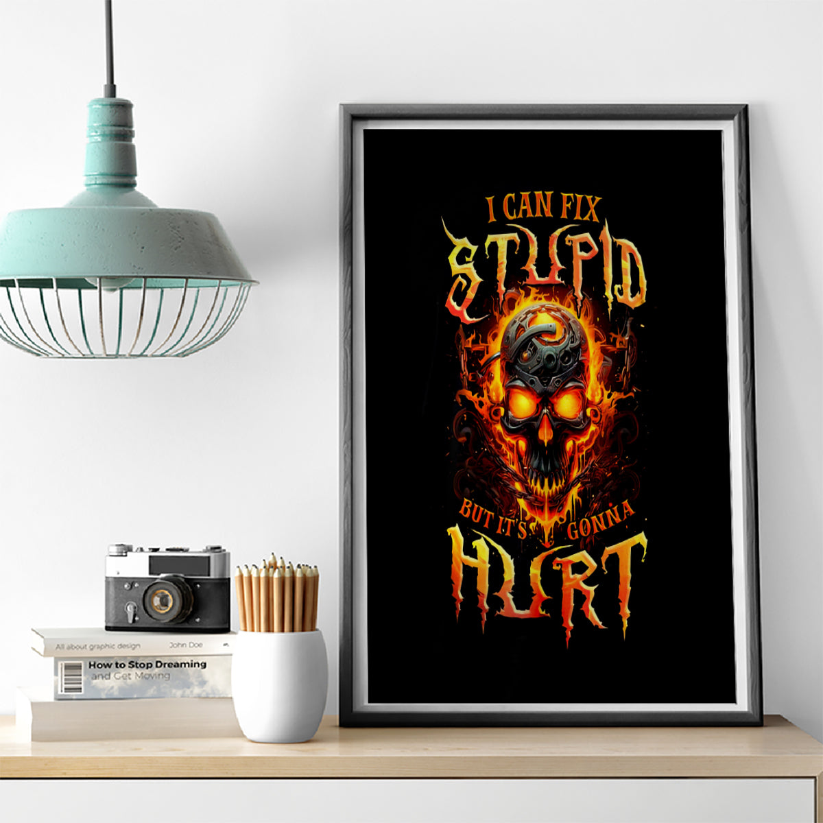 Flame Skull Canvas Wall Art I Can Fix Stupid But That Hurt - Wonder Print Shop