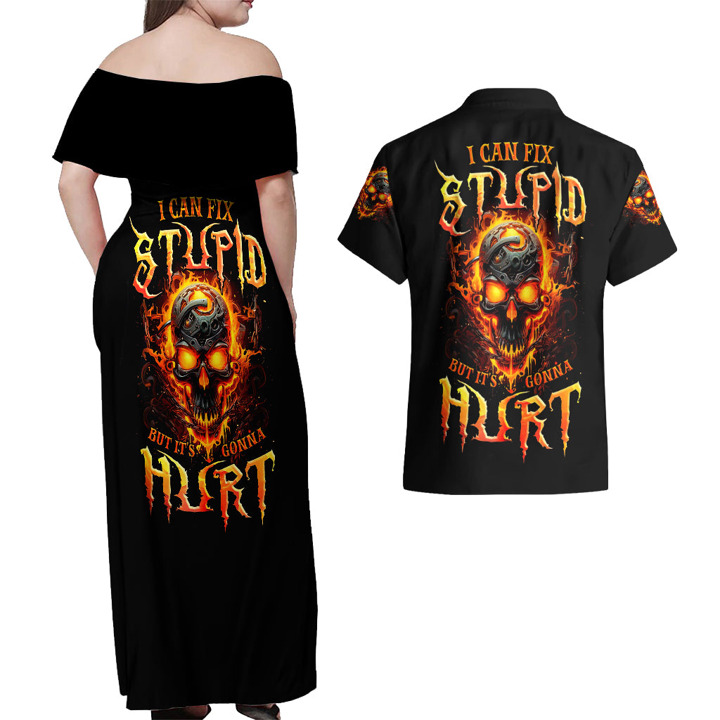 Flame Skull Couples Matching Off Shoulder Maxi Dress and Hawaiian Shirt I Can Fix Stupid But That Hurt - Wonder Print Shop