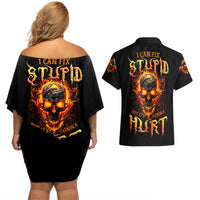 Flame Skull Couples Matching Off Shoulder Short Dress and Hawaiian Shirt I Can Fix Stupid But That Hurt - Wonder Print Shop
