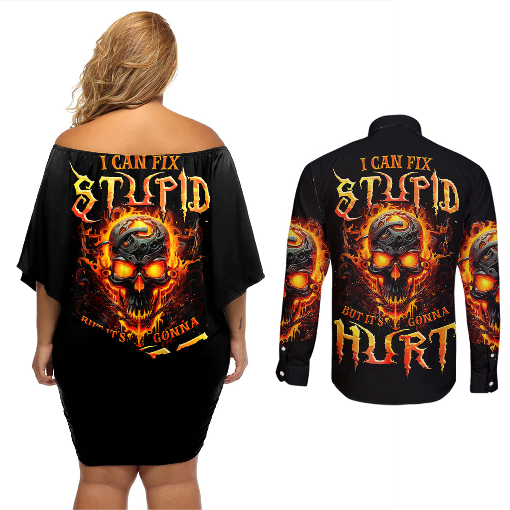 Flame Skull Couples Matching Off Shoulder Short Dress and Long Sleeve Button Shirts I Can Fix Stupid But That Hurt - Wonder Print Shop
