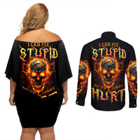 Flame Skull Couples Matching Off Shoulder Short Dress and Long Sleeve Button Shirts I Can Fix Stupid But That Hurt - Wonder Print Shop