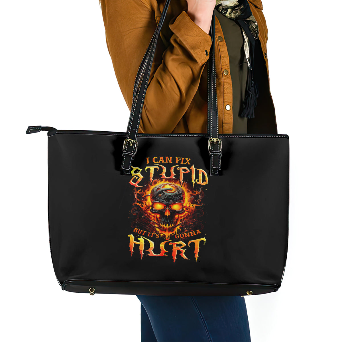 Flame Skull Leather Tote Bag I Can Fix Stupid But That Hurt - Wonder Print Shop