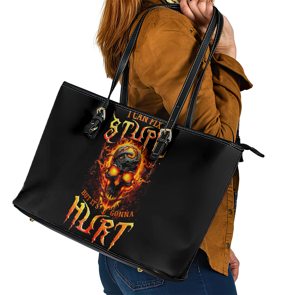 Flame Skull Leather Tote Bag I Can Fix Stupid But That Hurt - Wonder Print Shop