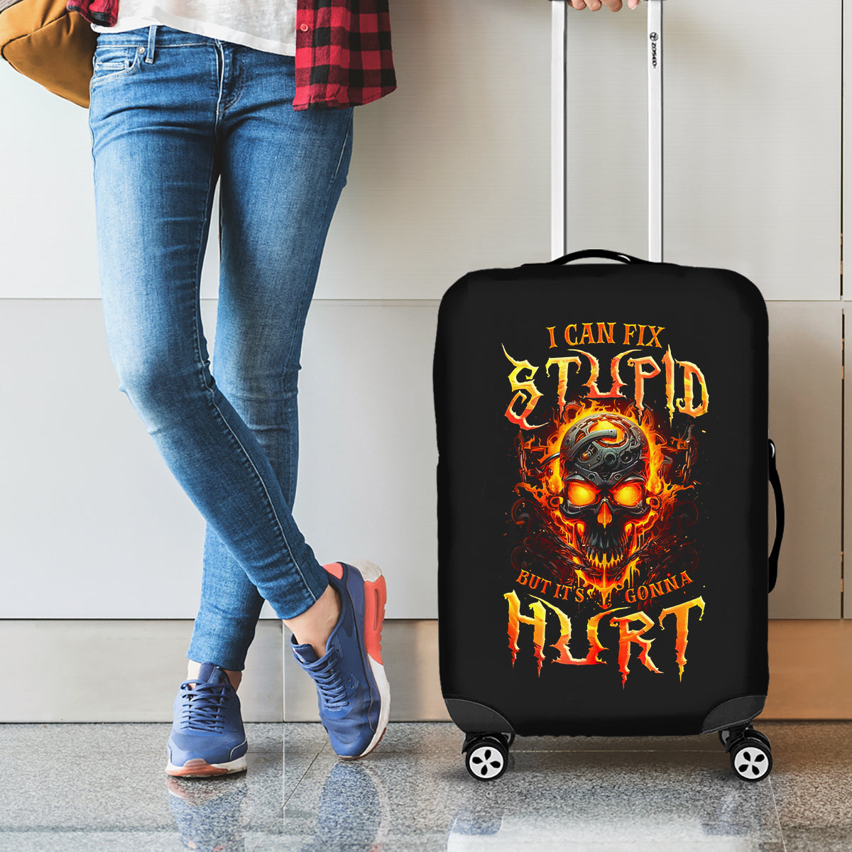 Flame Skull Luggage Cover I Can Fix Stupid But That Hurt - Wonder Print Shop