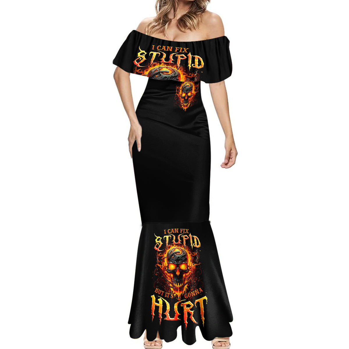 Flame Skull Mermaid Dress I Can Fix Stupid But That Hurt - Wonder Print Shop