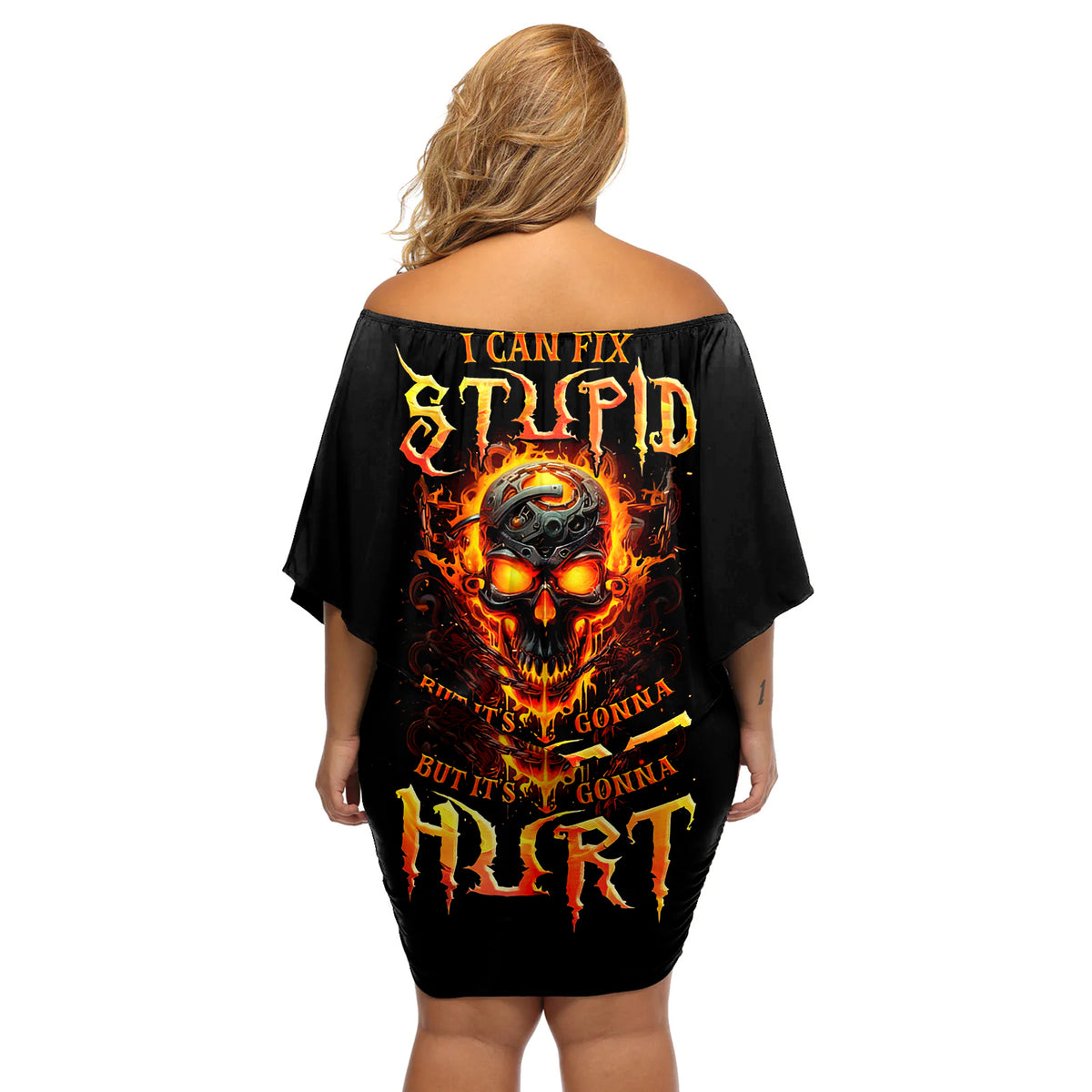 Flame Skull Off Shoulder Short Dress I Can Fix Stupid But That Hurt - Wonder Print Shop