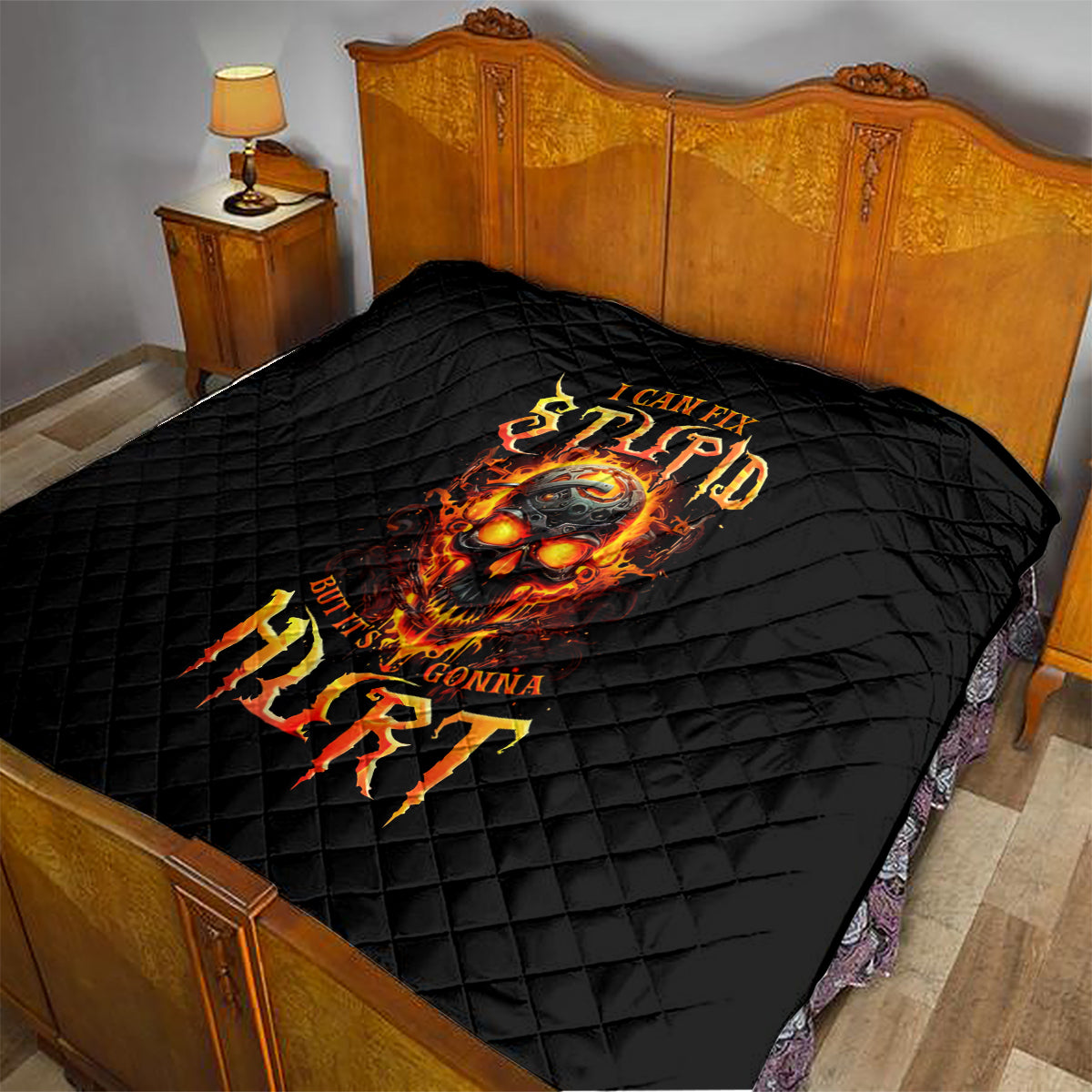 Flame Skull Quilt I Can Fix Stupid But That Hurt - Wonder Print Shop