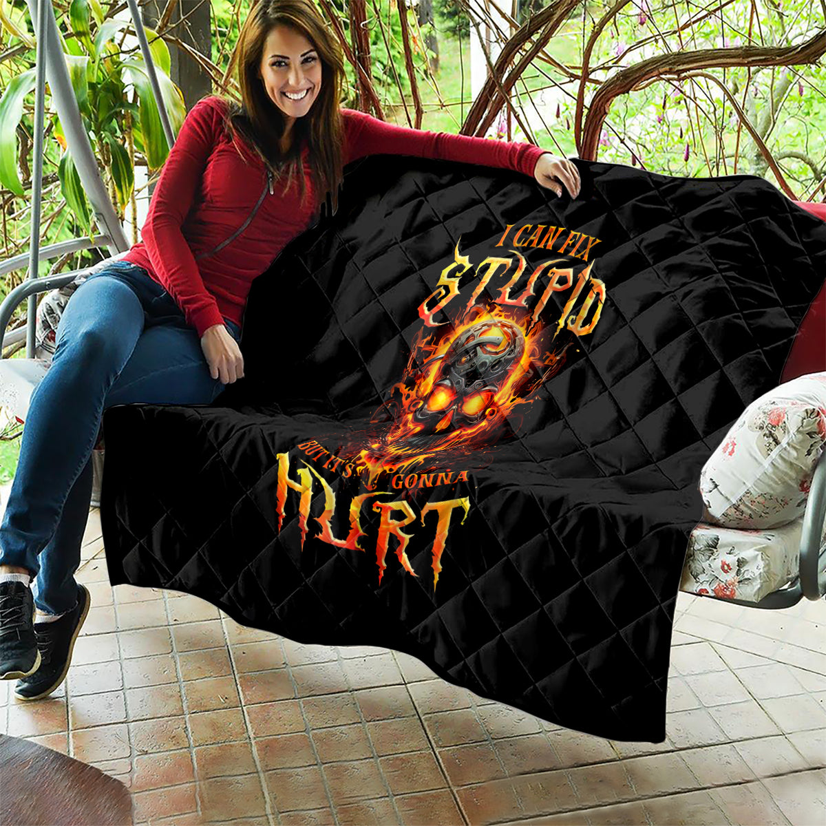 Flame Skull Quilt I Can Fix Stupid But That Hurt - Wonder Print Shop