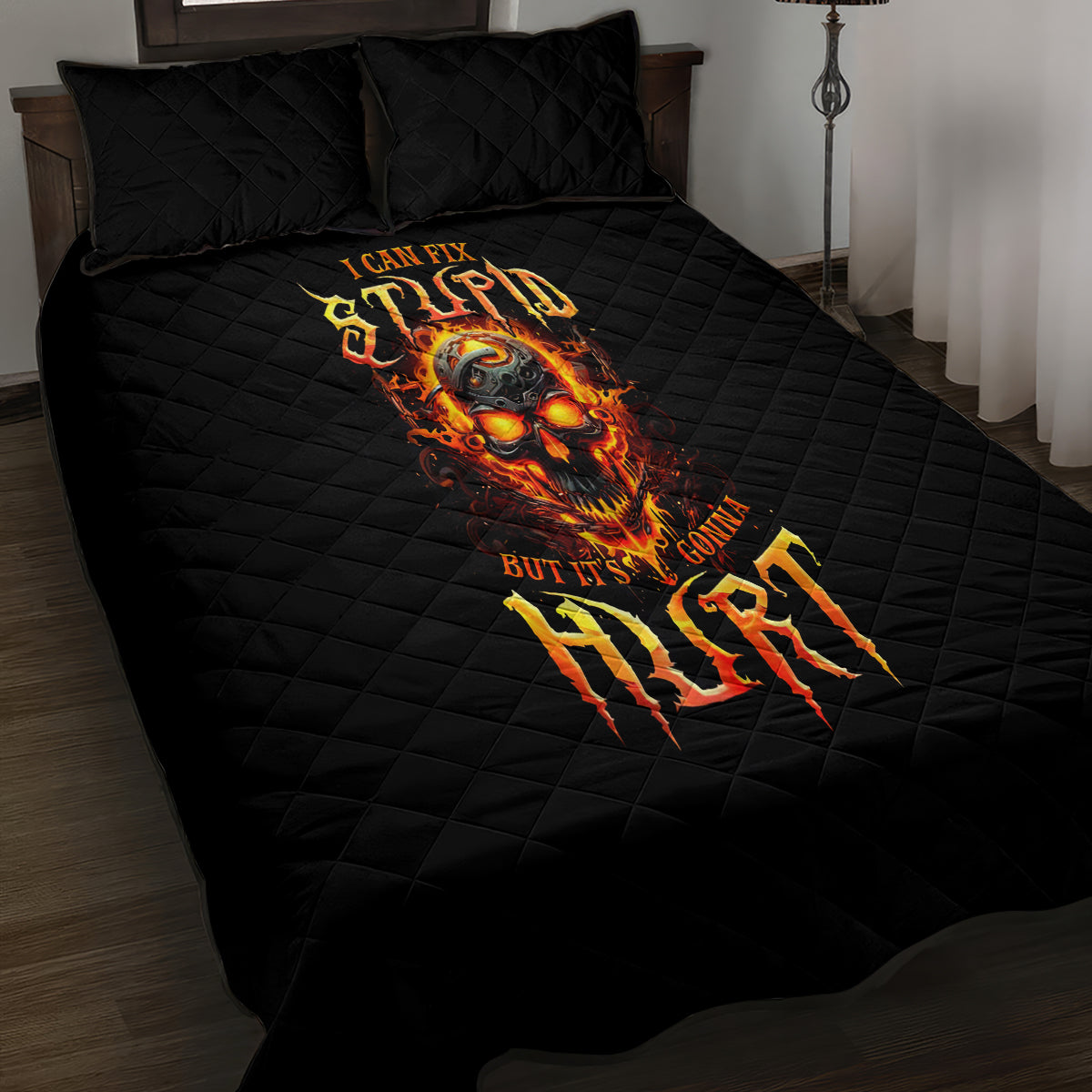 Flame Skull Quilt Bed Set I Can Fix Stupid But That Hurt - Wonder Print Shop