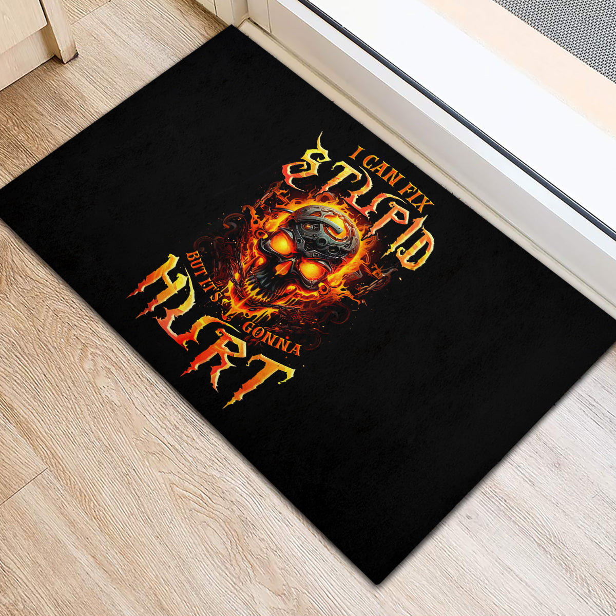 Flame Skull Rubber Doormat I Can Fix Stupid But That Hurt - Wonder Print Shop