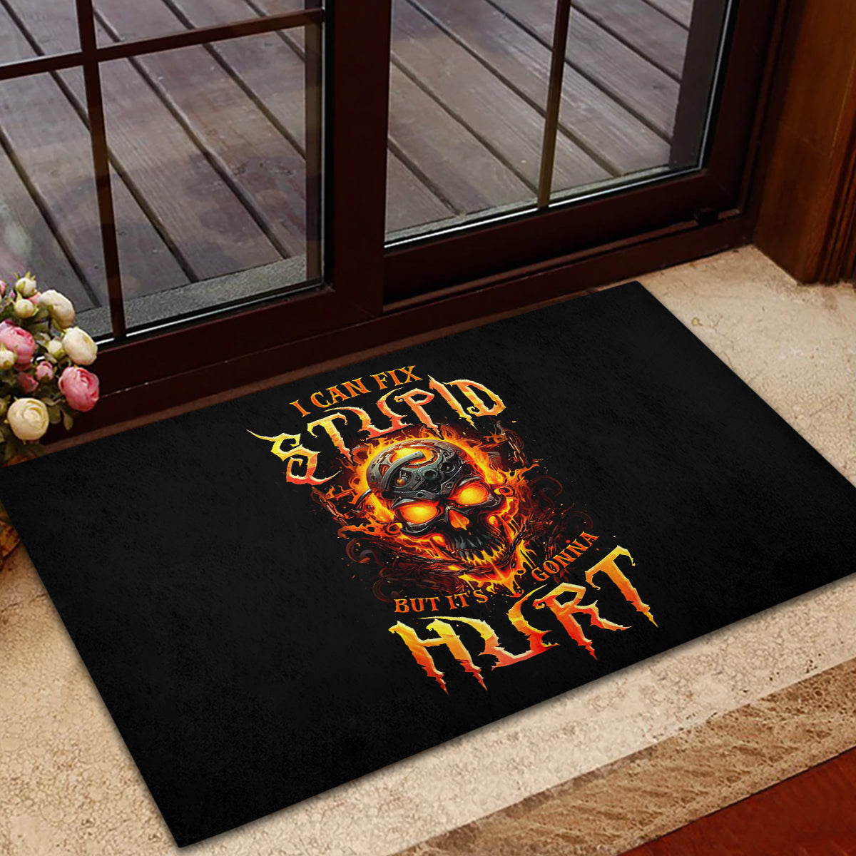 Flame Skull Rubber Doormat I Can Fix Stupid But That Hurt - Wonder Print Shop