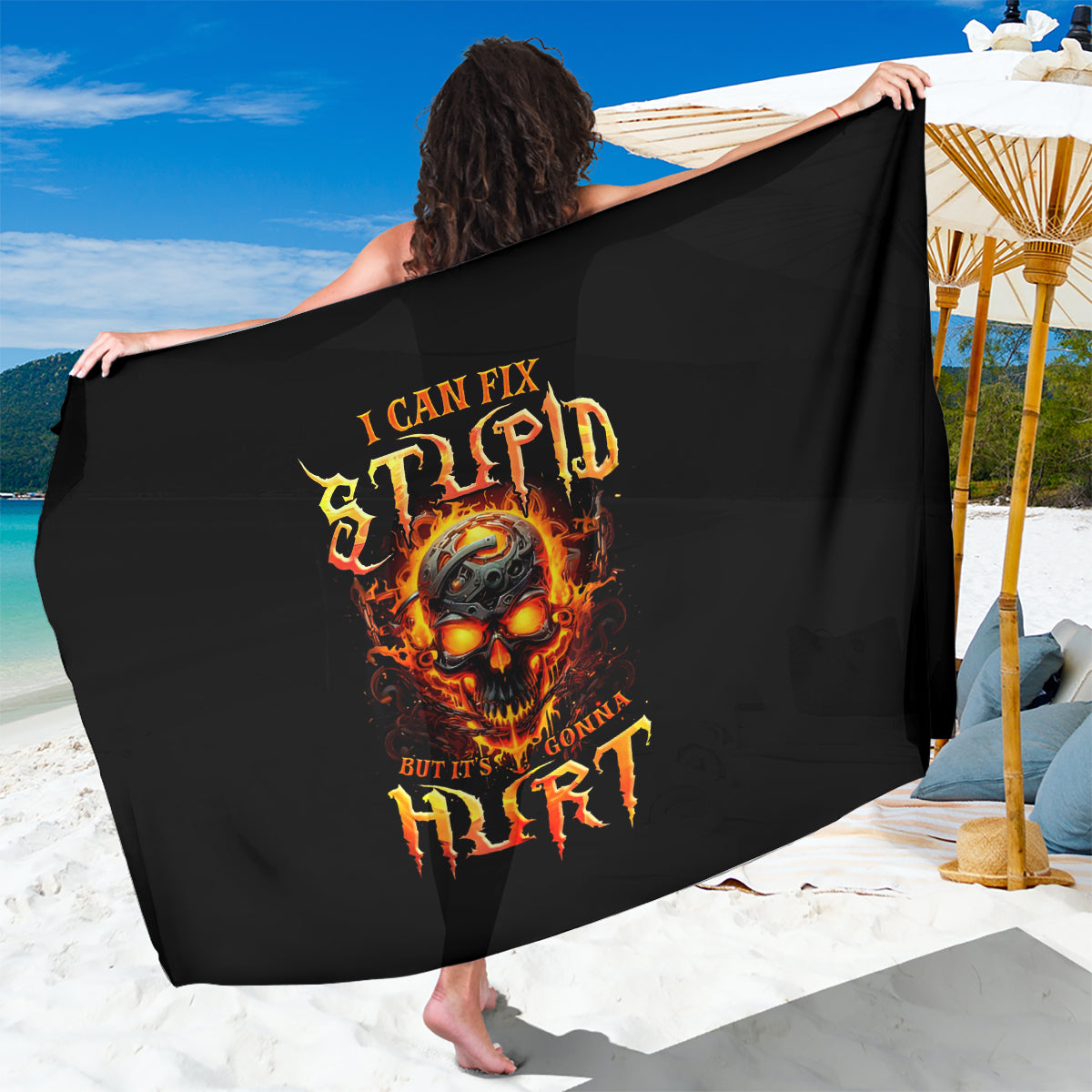 Flame Skull Sarong I Can Fix Stupid But That Hurt - Wonder Print Shop
