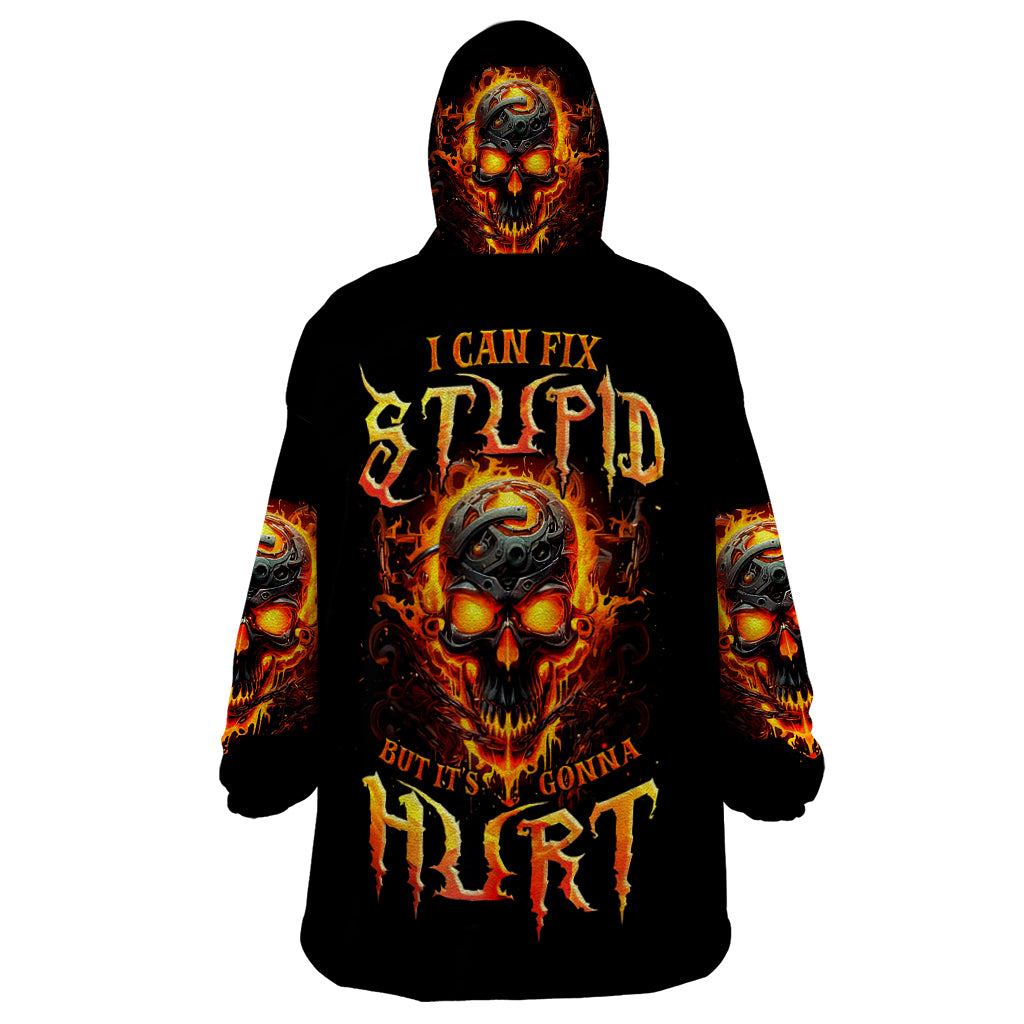 Flame Skull Wearable Blanket Hoodie I Can Fix Stupid But That Hurt - Wonder Print Shop