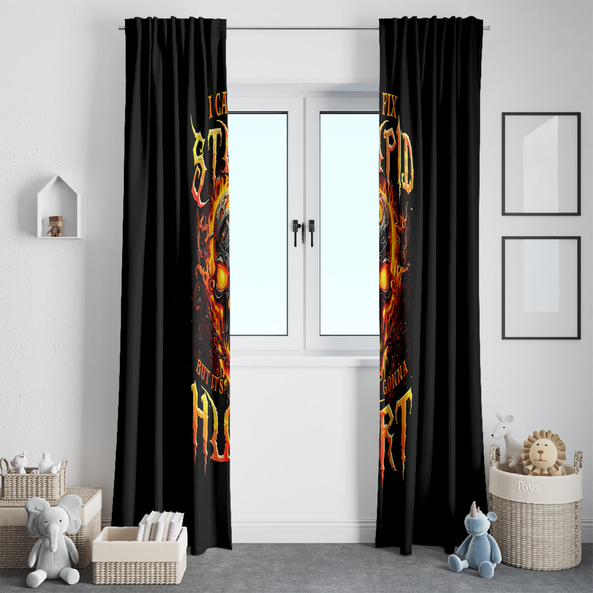 Flame Skull Window Curtain I Can Fix Stupid But That Hurt - Wonder Print Shop