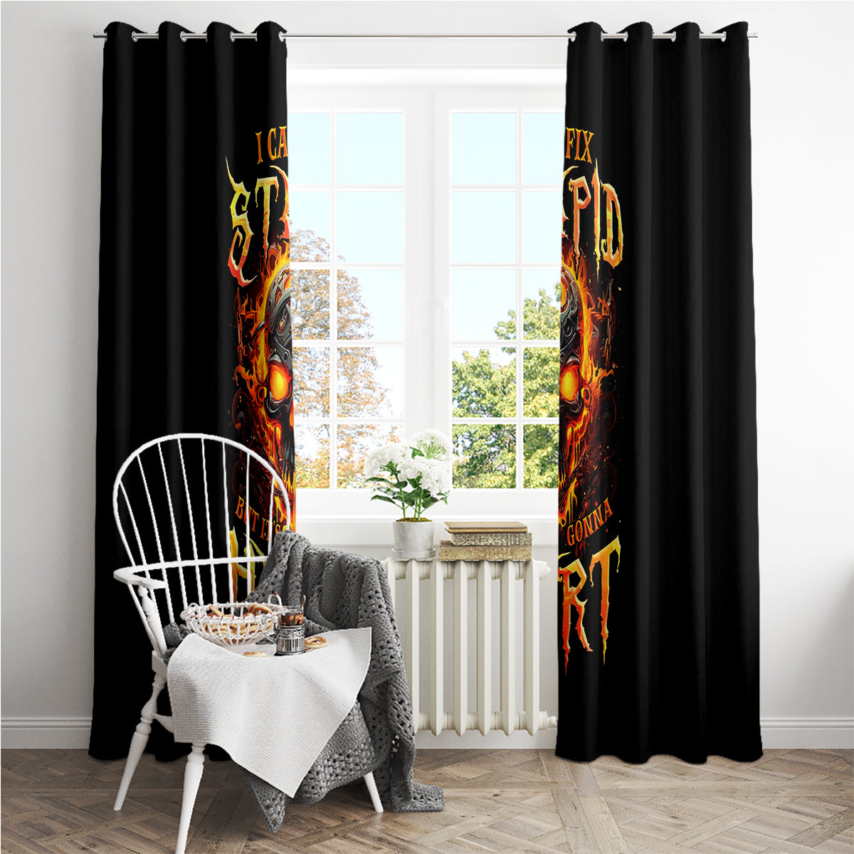 Flame Skull Window Curtain I Can Fix Stupid But That Hurt - Wonder Print Shop
