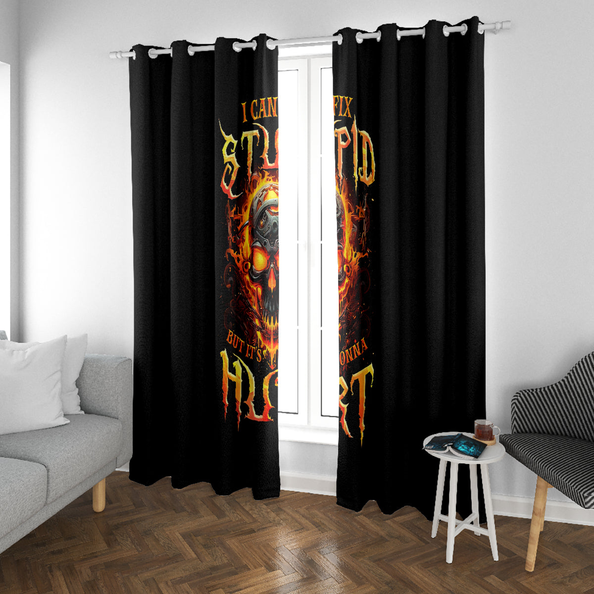 Flame Skull Window Curtain I Can Fix Stupid But That Hurt - Wonder Print Shop