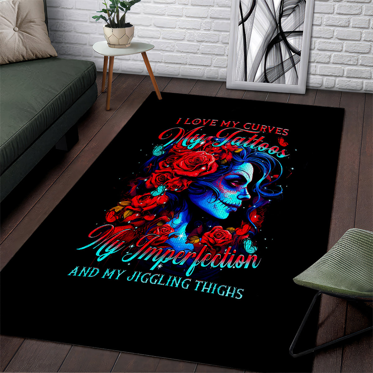 Skull Rose Area Rug I Love My Curve My Tattoo My Imperfection - Wonder Print Shop
