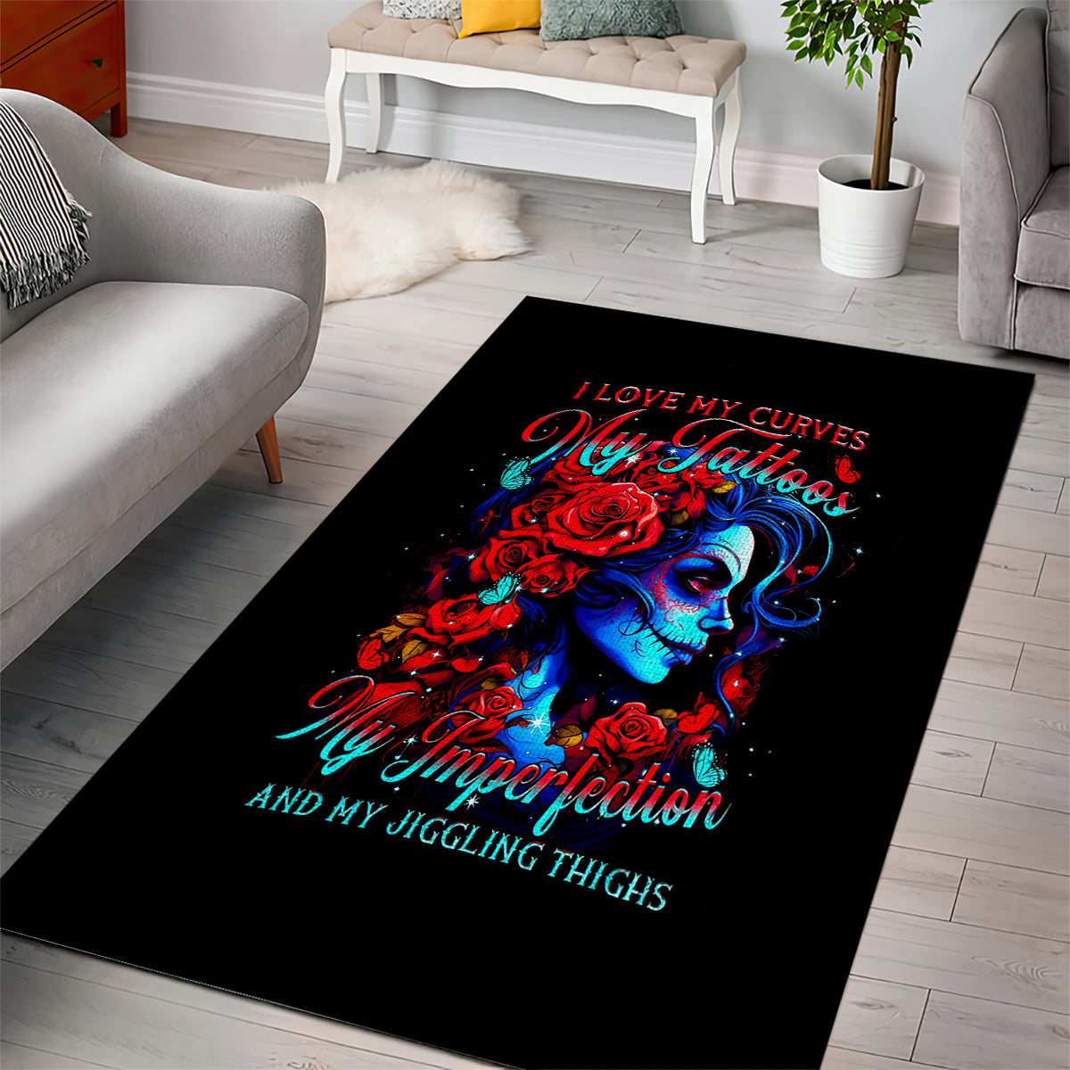 Skull Rose Area Rug I Love My Curve My Tattoo My Imperfection - Wonder Print Shop
