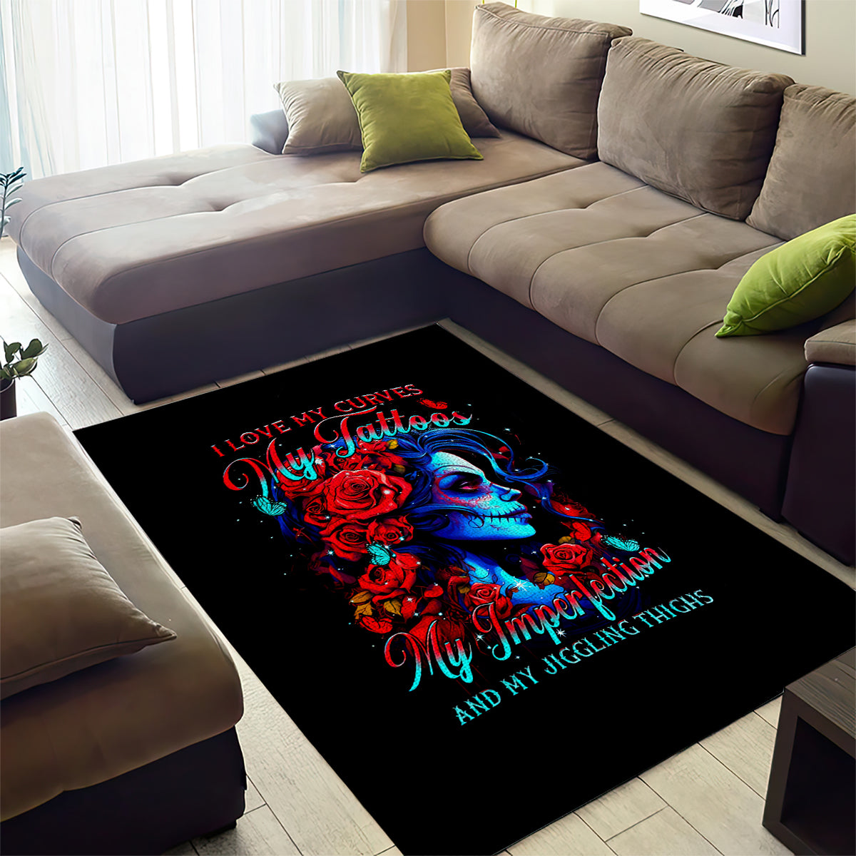 Skull Rose Area Rug I Love My Curve My Tattoo My Imperfection - Wonder Print Shop