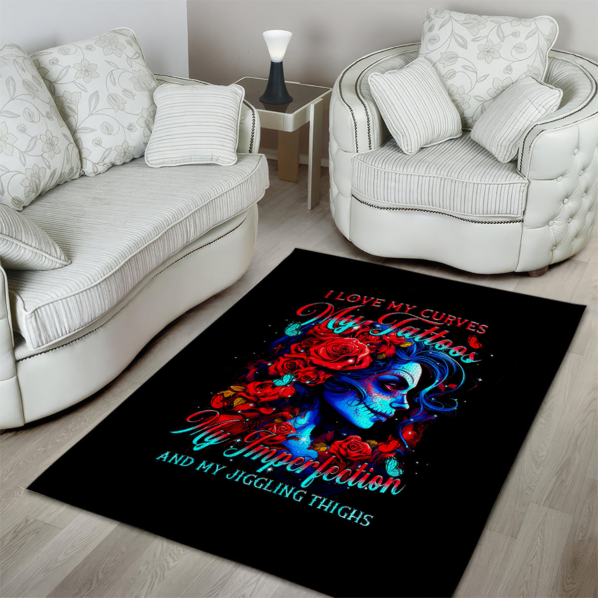Skull Rose Area Rug I Love My Curve My Tattoo My Imperfection - Wonder Print Shop