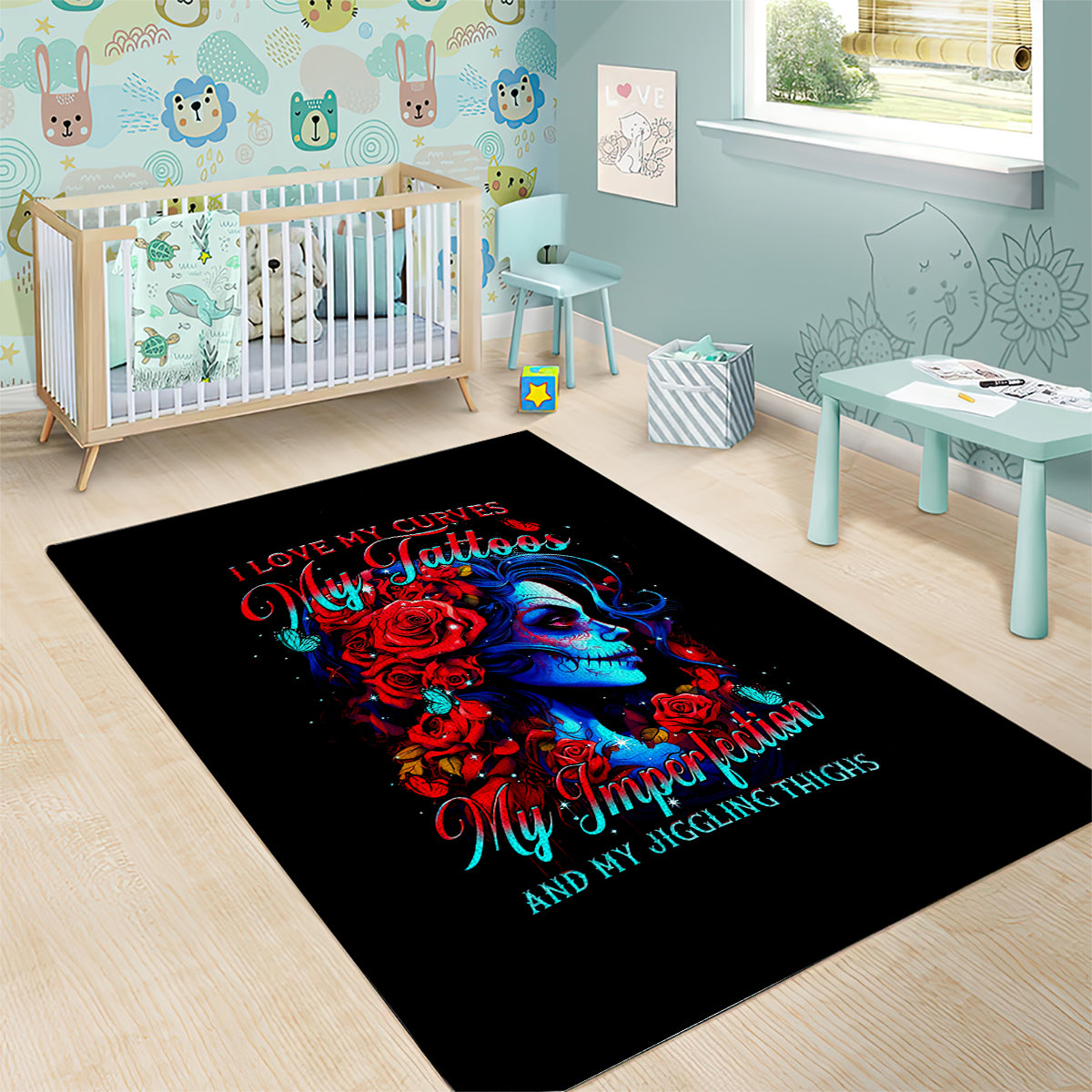 Skull Rose Area Rug I Love My Curve My Tattoo My Imperfection - Wonder Print Shop