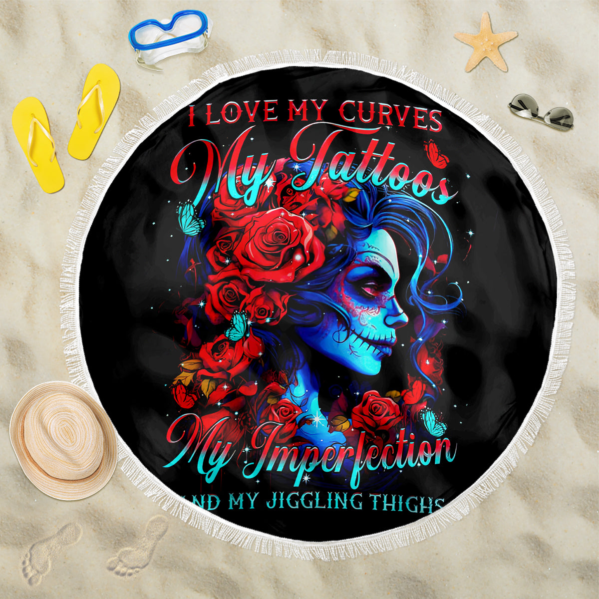 Skull Rose Beach Blanket I Love My Curve My Tattoo My Imperfection - Wonder Print Shop