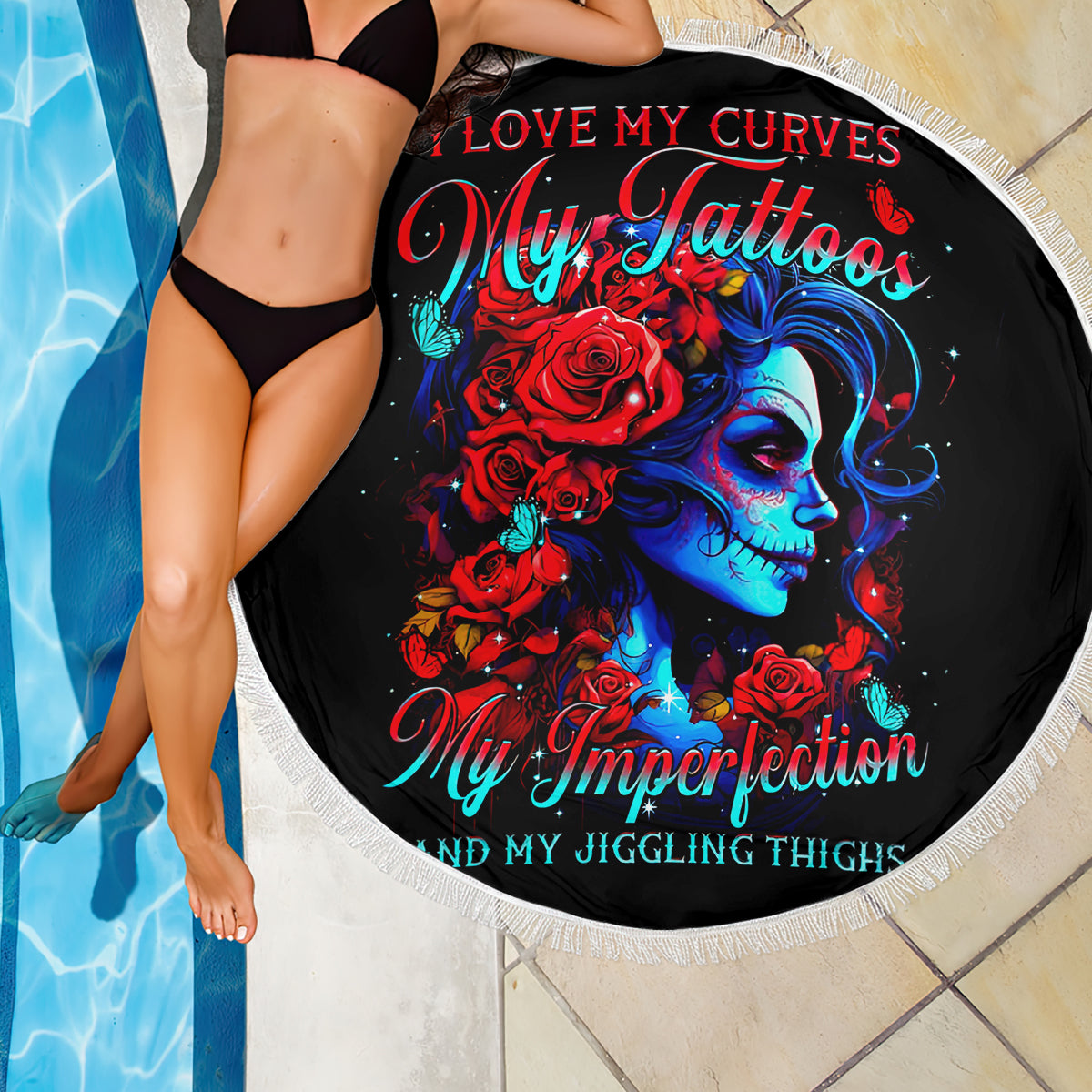 Skull Rose Beach Blanket I Love My Curve My Tattoo My Imperfection - Wonder Print Shop