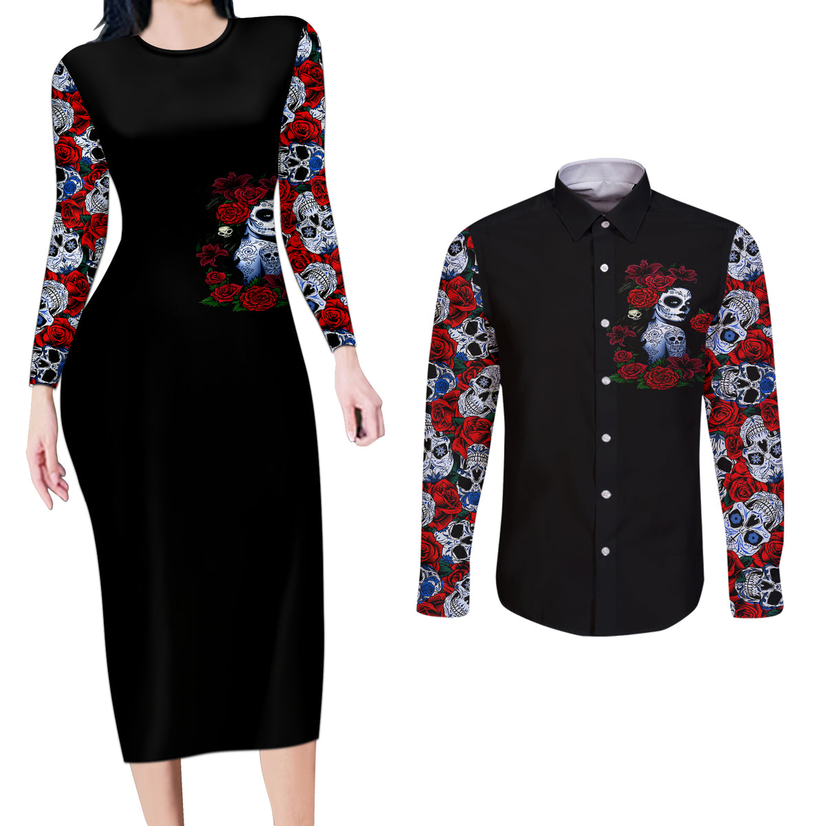 Skull Rose Couples Matching Long Sleeve Bodycon Dress and Long Sleeve Button Shirts I Love My Curve My Tattoo My Imperfection - Wonder Print Shop